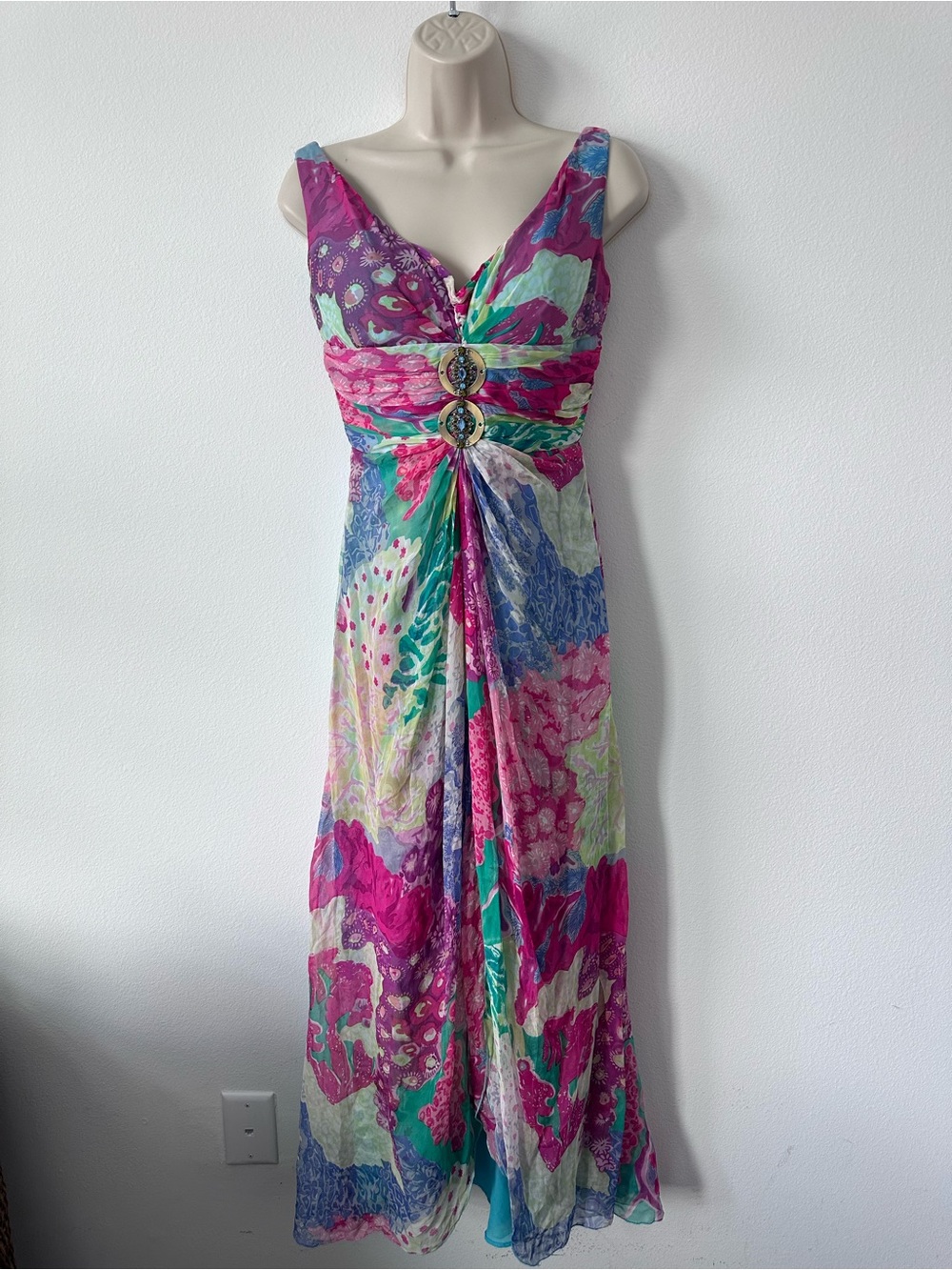 Pronovias Multi-Color Floral V-Neck Maxi Dress - Pink, Blue & Green